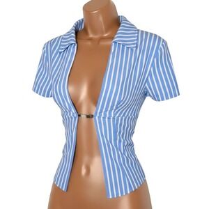 New‎ XS Baby Blue Stripe Short Sleeve Open Front Crop Top Metal Clasp Closure
